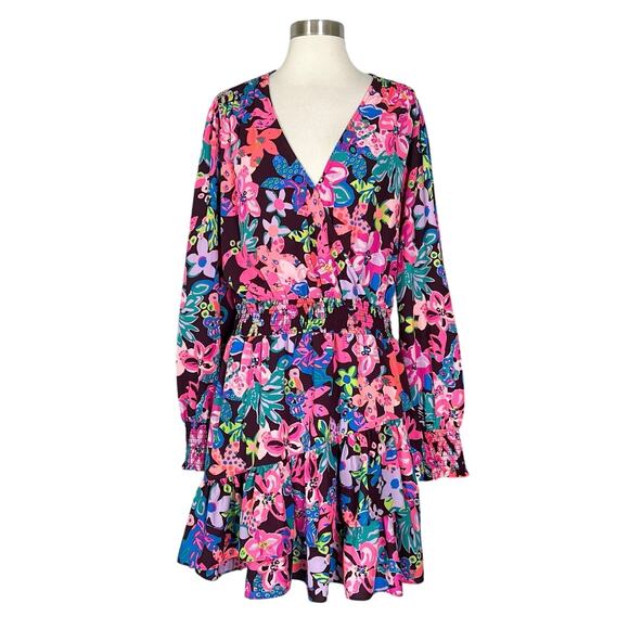Lilly Pulitzer | Cristiana Pink Brown Floral Ruffle Plus Size Mini Dress 16 - Picture 2 of 11